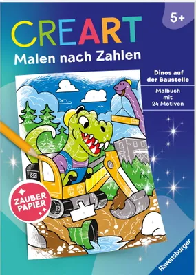 Image de Ravensburger CreArt Peinture par numéros à partir de 5 ans : Dinos sur le chantier, livre de coloriage, 24 motifs, papier magique