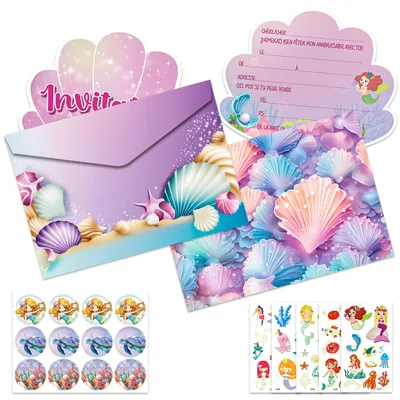 Imagen del producto de Tarjetas de invitación para cumpleaños de niña, 12 unidades, con sobres y pegatinas, diseño de sirena para fiestas infantiles