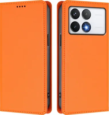 Produktbild von Handyhülle für Xiaomi Poco F6 Pro, Kunstleder Klapphülle Stoßfeste Magnetische Hülle mit Ständer Orange