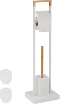 Immagine prodotto di Set da bagno Relaxdays, bambù, acciaio inossidabile, portarotolo da appoggio, scopino con supporto, bianco/naturale