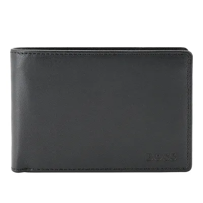 A black leather BOSS wallet is shown flat against a white background.