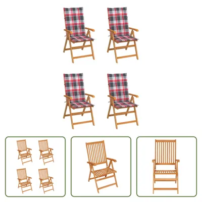Produktbild von The Living Store Gartenstühle 4 Stk. Rote Karomuster-Kissen Massivholz Teak