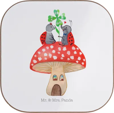 Produktbild von Mr. & Mrs. Panda Untersetzer Tasse Marienkäfer Fliegenpilz - Weiß - Geschenk, gläseruntersetzer, Gläser, Zuhause, für, Lustige Sprüche, Haus, Holzuntersetzer, Wohnung
