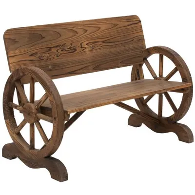 Produktbild von 2-Sitzer Gartenbank aus Massivholz, Rustikale Holzbank mit Wagenrad-Armlehnen, 250 kg belastbar, 114 x 58 x 80 cm, Braun