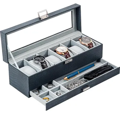 Produktbild von Uhrenbox mit 6 Fächern, 2 Ebenen, Glasdeckel, blau