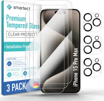 Produktbild von 3x Schutzglas Panzerfolie für iPhone 15 Pro Max Anbringhilfe + 3x Kameraschutz