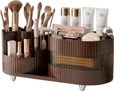 Produktbild von Um 360° drehbare Aufbewahrungsbox, Kosmetik-Aufbewahrungsbox, geeignet für Schminktisch, Schlafzimmer, Badezimmer, 35 x 14,7 x 17,5 cm, Braun