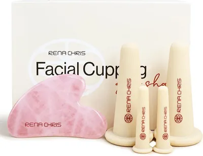 Productafbeelding van Chris Set van gezichtscups en Gua Sha tools - Silicone cups en rozenkwarts Gua Sha steen voor natuurlijke huidverzorging en lipverzorging (roze)