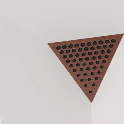 Obrázok produktu pre Sada 6 kusov rohových basových pasívnych absorbérov "Triangle-ROUNDS" vyrobených z akustickej peny s perforovanou laminovanou doskou z drevovláknitej dosky (HDF) | 42x42x42 cm | Trojuholníkové pyramidálne basové pasívne absorbéry | Farba: orech