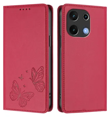 Obrázek produktu pro Kožené pouzdro pro Umidigi Note 100, motýlí ražbou, peněženkové flip pouzdro se stojánkem Červená