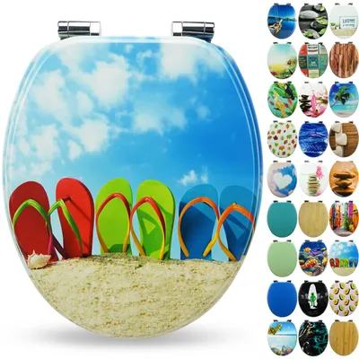 Produktbild von Sanfino® Premium WC Sitz "Flip-Flop" hochwertiger Toilettendeckel mit Absenkautomatik aus Holz, viele bunte Motive, einfache Montage