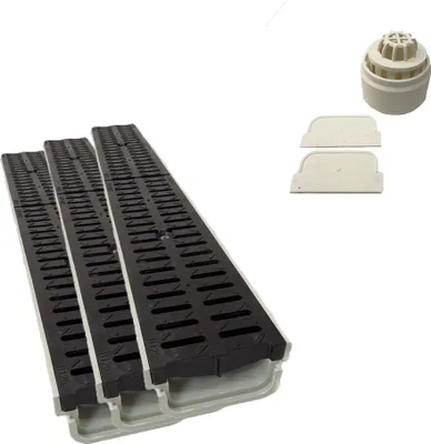 Produktbild von 3x Xanie Entwässerungsrinne Kunststoffrost Klasse B 100cm + Ablaufanschluss-Set vertikal
