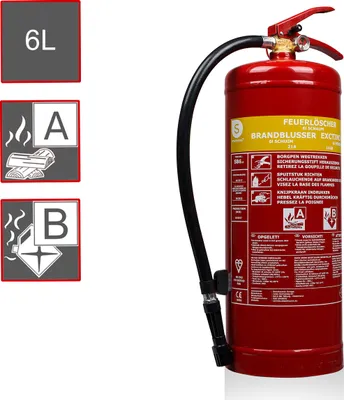 A red fire extinguisher with a black hose is shown against a white background. To the left are three informational graphics.