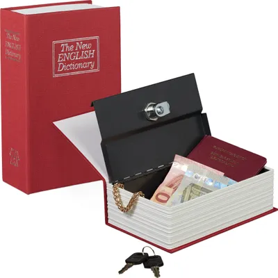 Produktbild von Relaxdays Buchtresor mit Schlüssel, klein, in Taschenbuchgröße, Stahlfach, HBT: 18 x 11,5 x 5,5 cm, Buchsafe, rot