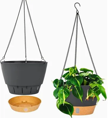 Produktbild von 2er-Pack hangende Pflanzgefäße, 20,3 cm innen- und außen hängende Pflanzgefäßset, hängende Blumenvase mit Drainageschacht und 3 Haken für Garten und Haus (grau)