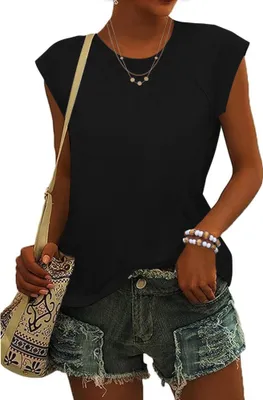 Image de ASKSA Femme col rond manches papillon T-shirt plissé été Unicolore Blouse Casual Lose Basic Tunique Tops Hauts (Noir,S)