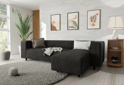 Produktbild von S-STYLE MÖBEL - Malin - Modernes Ecksofa mit Ottomane aus Schwarz Cord-Stoff mit bequemem Sitz - Ottomane rechts
