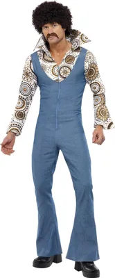 A man wearing a 1970s-style disco costume.