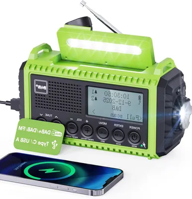 Image de Radio portable - Radio d'urgence à manivelle - Activités de plein air - 5 méthodes de charge - Batterie 5000 mAh - Vert