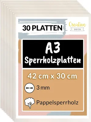 Produktbild von Creative Deco Preglejkový panel 30 x A3 3 mm topoľová preglejka | 420 x 300 (+/- 2) mm | Tenké odrezky dreva možno rezať laserom | ideálny ako stavebný materiál