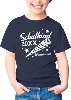Produktbild von Kinder Mädchen T-Shirt Einschulung mit Namen und Jahreszahl Schulkind 2024 Schultüte personalisierbar Schulanfang Moonworks® navy personalsierbar 110-116 (5-6 Jahre)