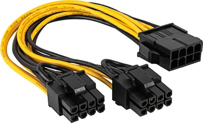 A computer power adapter cable with black and yellow wires and black connectors.