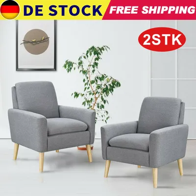 Produktbild von 2 Stück Sessel Relaxsessel Ohrensessel Polstersessel 76 x 74 x 84cm mit Armlehnen Massivholzbeine Modern Einfach für Schlafzimmer Wohnzimmer Balkon Büro, Grau