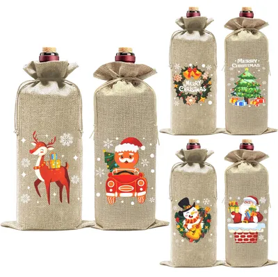 6 Weihnachts-Flaschenhüllen mit Kordelzug, Jute, 30x14 cm, 6 Designs