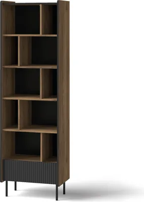 Produktbild von Regal mit Schublade geriffelte Front PRESTIGO 60 x 190 cm Schwarz + Nussbaum