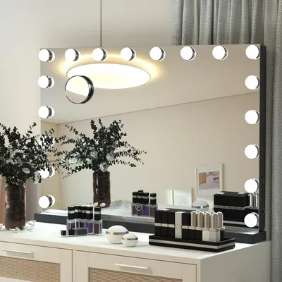 Produktbild von Puluomis Kosmetikspiegel Hollywood 80x60cm, Schminkspiegel mit Beleuchtung, 18 LED 3 Farben Dimmbar mit USB, 10fach Vergrößen, Wandspiegel schwarz