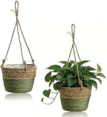 Produktbild von Blumentopf Hängend Seagrass, 2 Stück Blumenampel Hängende Seagrass Pflanzenkorb 20cm Blumentöpfe Hängend Handgewebter Blumenampel mit Langem Hängendem Seil für Innen Außen