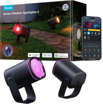 A product shot of Govee Outdoor Spotlights 2, with the packaging and a smartphone displaying the Govee app.