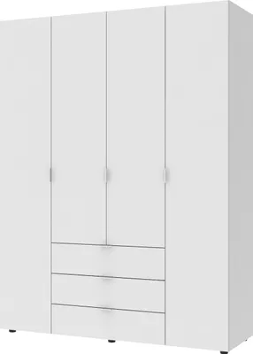 A white four-door wardrobe with three drawers below the doors.