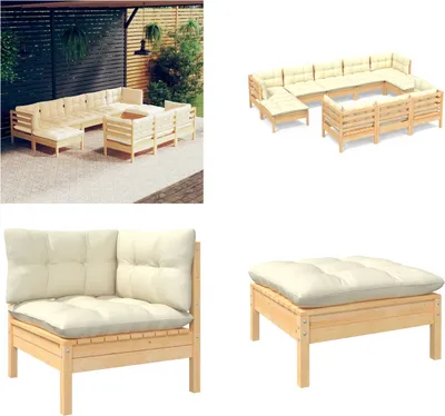Produktbild von vidaXL 10 tlg. Garten Lounge Set mit Creme Kissen Massivholz Kiefer - Garten-Lounge-Set - Garten-Lounge-Sets - Gartenmöbel-Set - Gartenmöbel-Sets