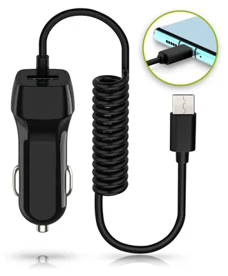 A black car charger with a coiled USB-C cable and a USB-A port.
