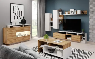 Produktbild von KEF Wohnzimmermöbel-Set Alice – Wohnwand mit Zwei Hängeschränken, Regal, TV-Tisch – Kommode mit LED 155x93,5x44 cm – Couchtisch 120x53x60 cm