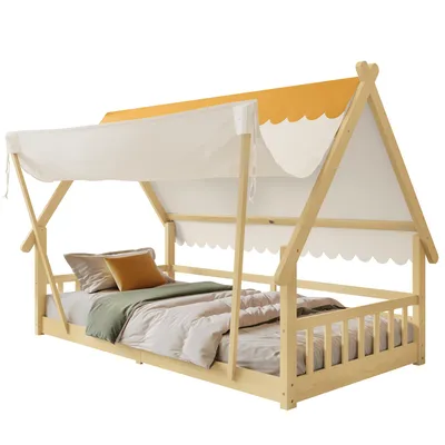 Produktbild von Hausbett mit Lattenrost und Zelt, 90x200cm, Kinderbett mit Zaun, Holzbett, Einzelbett, Kiefer