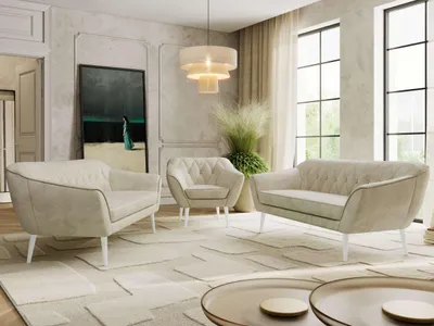Produktbild von MKS MEBLE Couchgarnitur PIRS 3-3-1, Set mit Armlehnen, Wellenfederung, weiße Füße, Dreisitzer Sofas mit Sessel, Sitzgruppe Wohnzimmer - Beige Velvet
