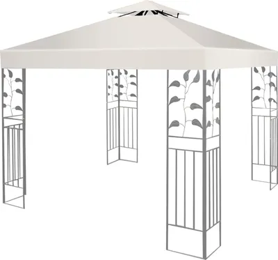 A white gazebo with decorative gray metal posts.