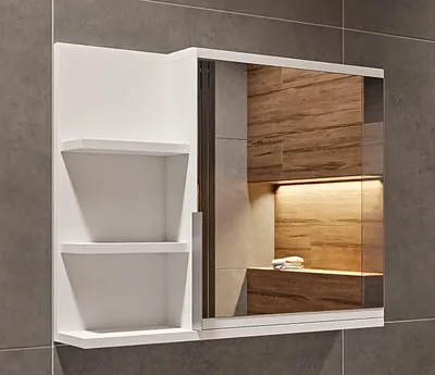 Produktbild von Matt Weiss Badezimmerschrank mit Spiegel und Ablagen, B:60 x H:50 cm Spiegelschrank Bad 1 Tür - Hängeschrank Badezimmer, Links