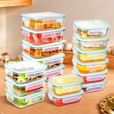 Produktbild von Glas Frischhaltedosen Set - Rechteckig mit PP-Deckel - Set 8x1040 ml + 8x370 ml - Auslaufsicher - Spülmaschinenfest - BPA-frei - Hellblau
