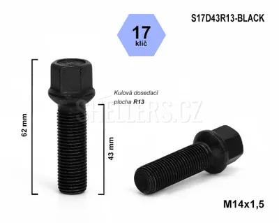 Obrázok produktu pre Skrutka kolesa M14x1,5x43 guľa R13, kľúč 17, S17D43R13-BLACK, čierna, výška 62