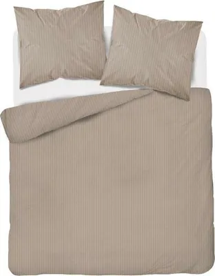 A top-down view of a taupe-colored duvet cover and two pillowcases laid out on a white surface.