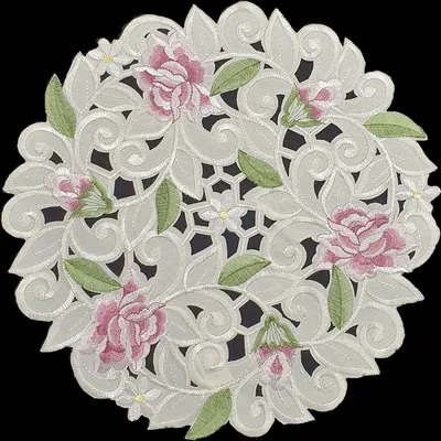 Produktbild von Tischdecke / Bestickte Decke / Tischwäsche / Rose/ Blume / Leinen-Optik / Frühling / Sommer / 30cm Rund