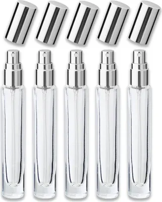 Produktbild von 5x Glasflasche klar 10 ml rund mit silbernem Zerstäuber Parfumflakon Kosmetikflaschen