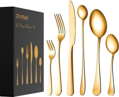 Obrázek produktu pro Sada 36 kusů příborů Unyqoos® pro 6 osob – zlatý příbor vyrobený z nerezové oceli 18/8, s vysokým leskem, vhodný do myčky