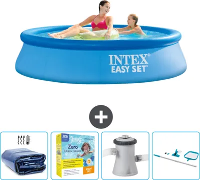 Produktbild von Intex runder aufblasbarer Easy Set-Pool – 244 x 61 cm – Blau – im Lieferumfang enthalten Sonnensegel - Wartungspaket - Filterpumpe für Schwimmbad - Reinigungskit