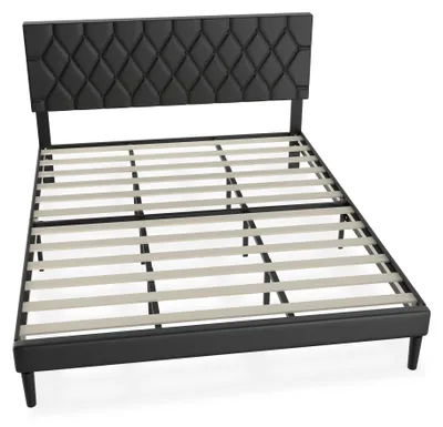 Immagine prodotto di Struttura letto – 140x200 cm – Letto a piattaforma matrimoniale in metallo con testiera in ecopelle – Portata massima: 300 kg