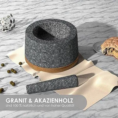 Produktbild von Famanu Mörser und Stößel - Hochwertige Akazienholz-Basis, Granit, 100% natürlich