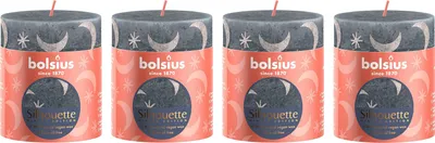 Produktbild von 4er-Set Stumpenkerze - Höhe 8 cm - Durchmesser 6,8 cm - Rustik Print - Schieferblau - Mond